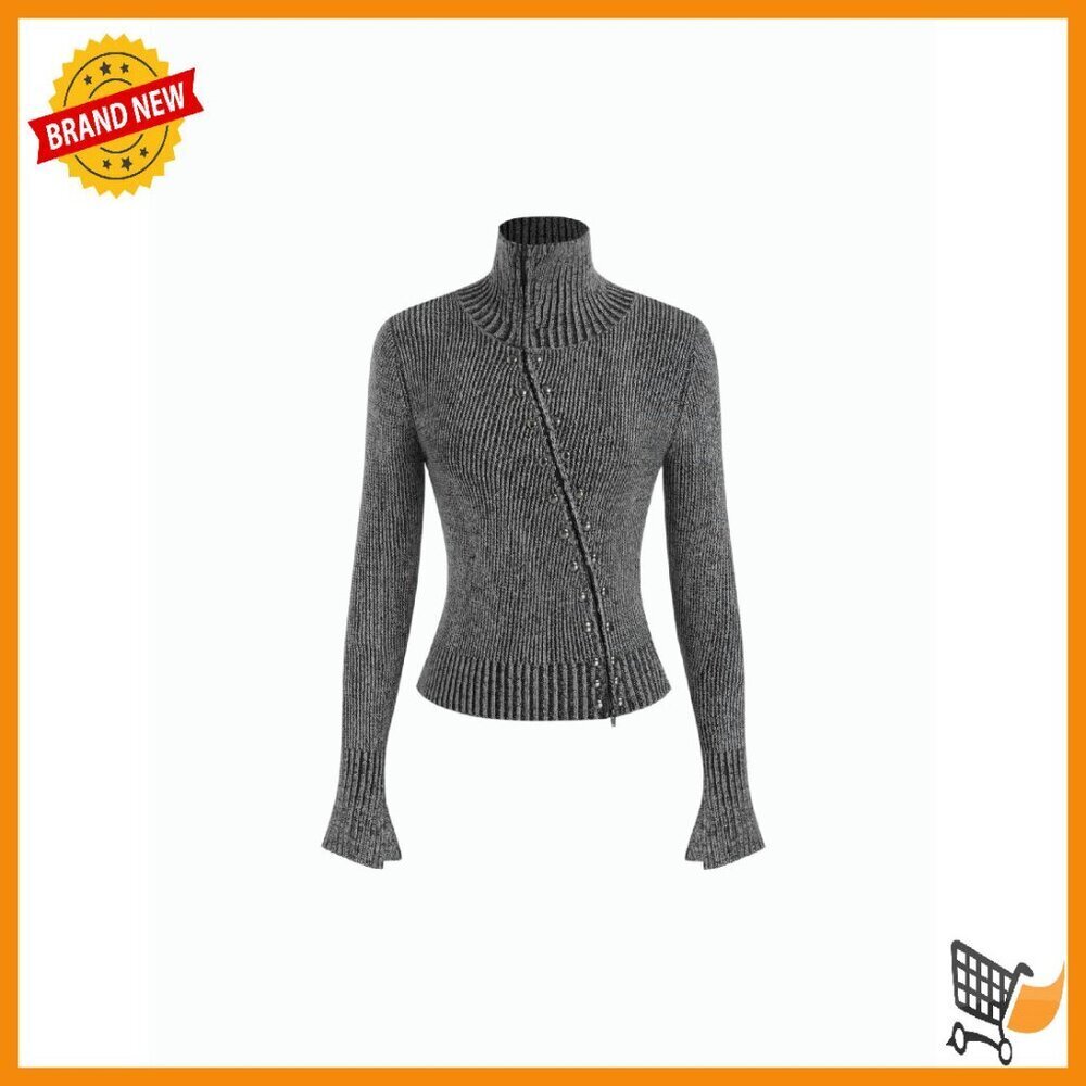 Cropped Zipper Cardigan Split Sleeve Stand Collar Sweater Women's